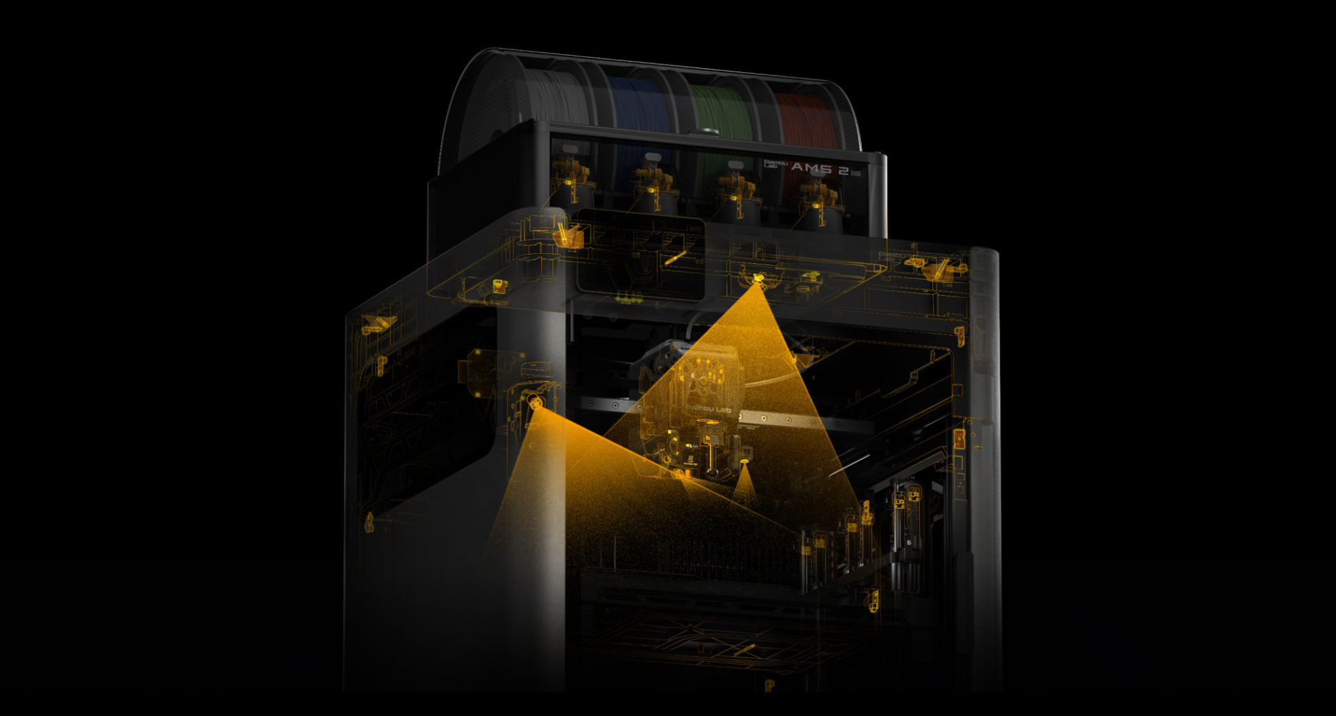 System monitoringu AI w drukarce Bambu Lab H2C z wizualizacją kamer i sensorów kontrolujących proces druku