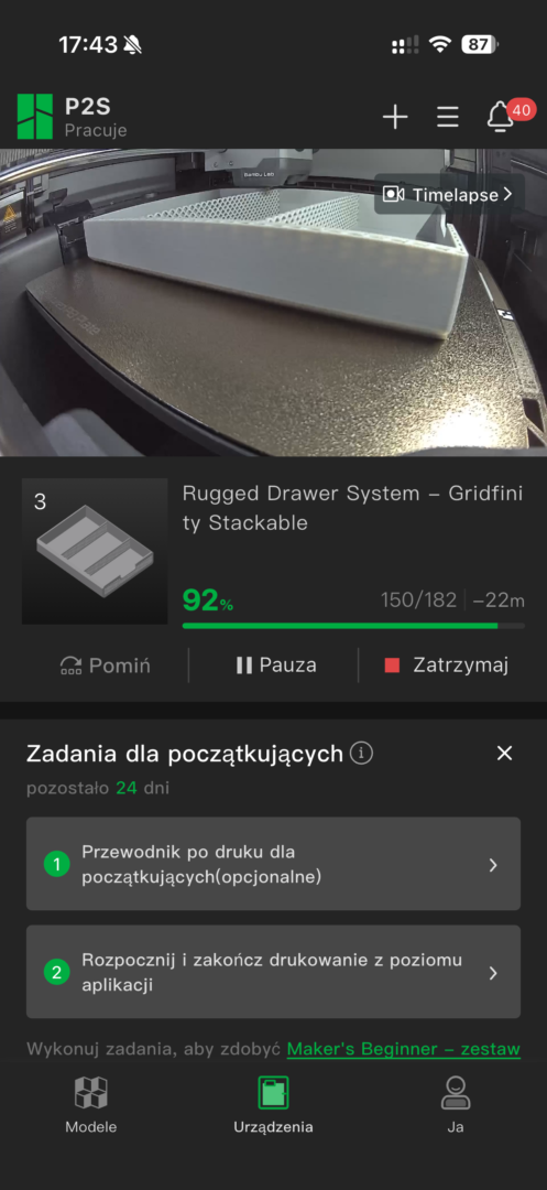 Zdalne monitorowanie wydruku na drukarce Bambu Lab P2S w aplikacji Bambu Handy