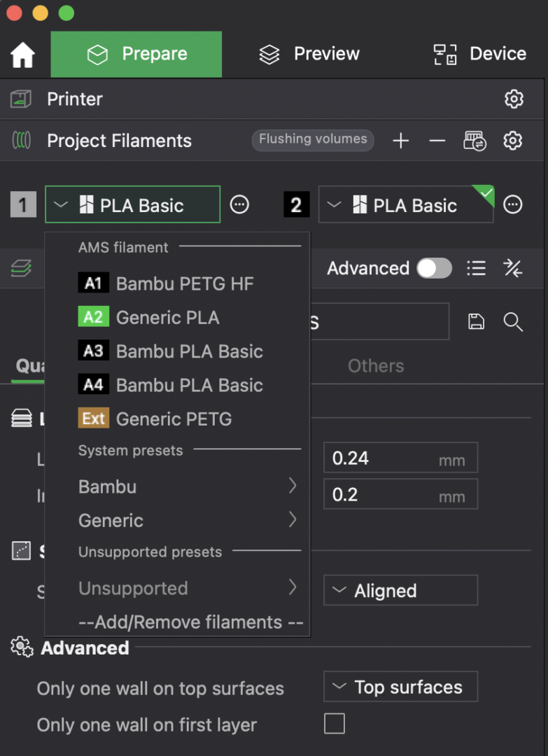 Wybór filamentu i zarządzanie AMS w Bambu Studio podczas przygotowania wydruku