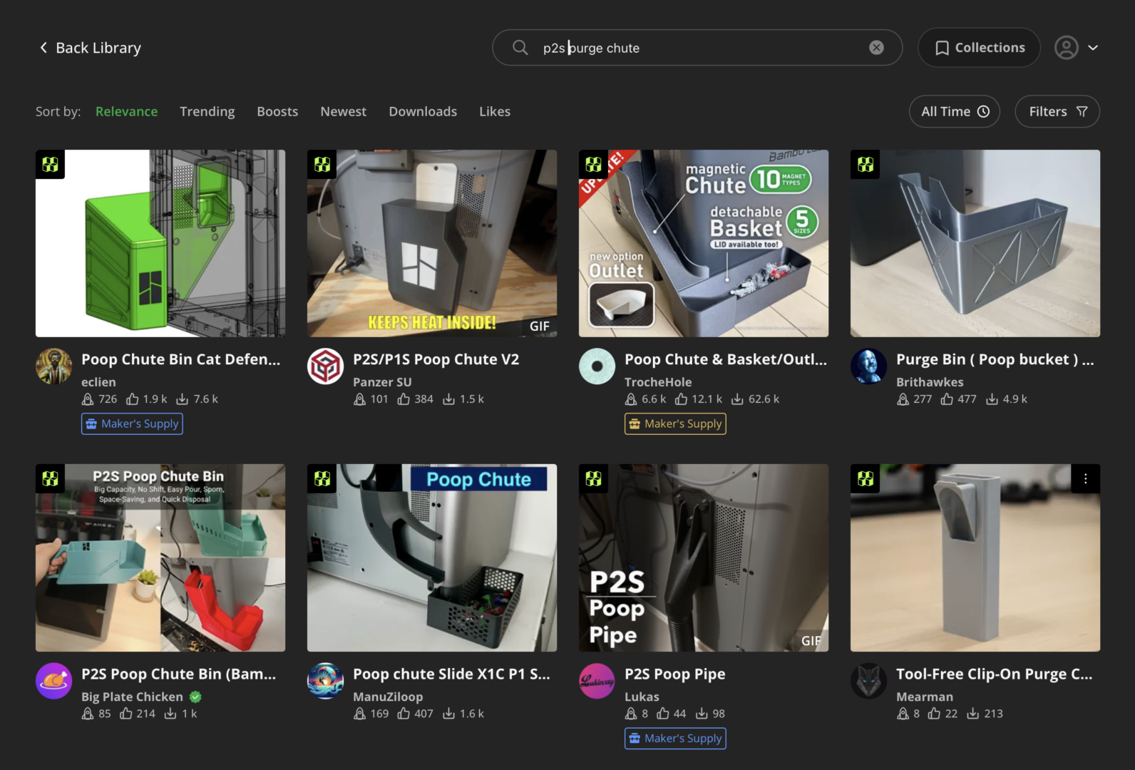 Przykłady modeli purge chute do Bambu Lab P2S dostępne w serwisie MakerWorld