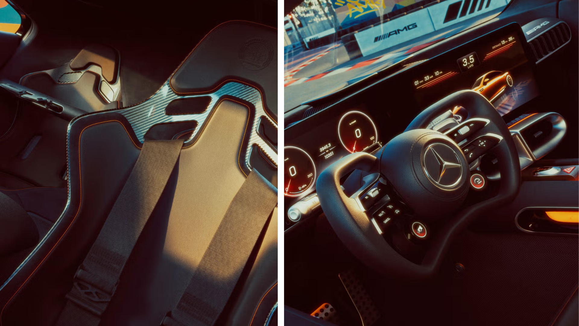 Wnętrze Mercedes AMG GT XX z bliska, ukazujące kubełkowe fotele i spersonalizowane poduszki stworzone za pomocą druku 3D.